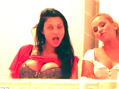 Busty hot babes Aletta Ocean and Aleska Diamond have enjoyment in posing in front of the mirror and showing their big and arousing love muffins in front of the livecam