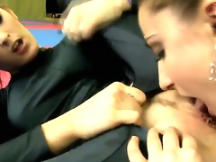 Brunette Mira with huge boobs finds herself getting her love tunnel eaten out by lesbian Celine Doll