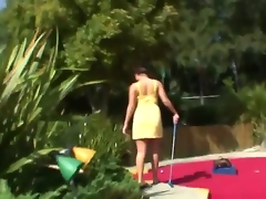 Busty London Keyes seduces Manuel Ferrara with her milk sacks carrying-on mini-golf